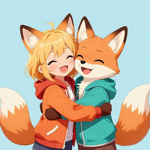 Digital anime-style drawing of a blonde girl and an anthropomorphic fox hugging, both smiling with closed eyes, wearing orange and teal jackets.