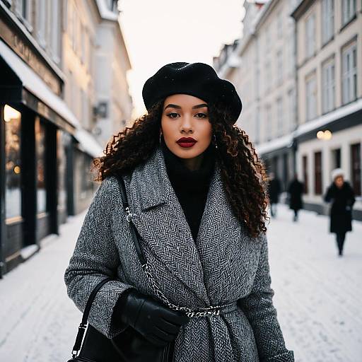 Stylish Woman in Winter Coat and Beret on Snowy European Street