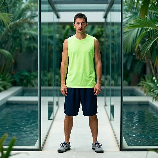 Photograph of a fit, young man with short dark hair, wearing a neon green sleeveless shirt, navy shorts, and black sneakers, standing in