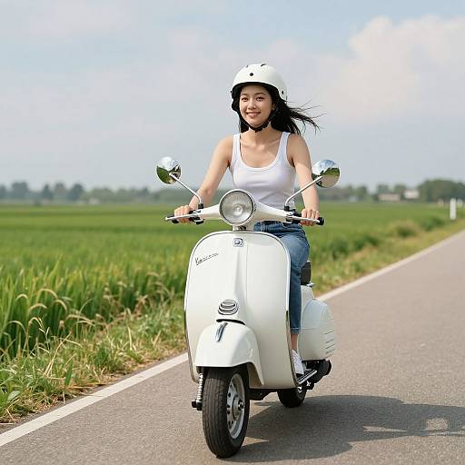 Asian woman riding white scooter on rural road, wearing white helmet and tank top, blue jeans, smiling, green fields background.