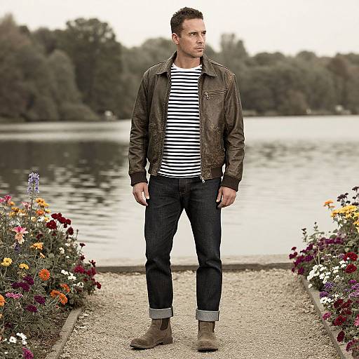 Photograph of a handsome man with short dark hair, wearing a brown leather jacket, striped shirt, dark jeans, and brown boots, standing on a