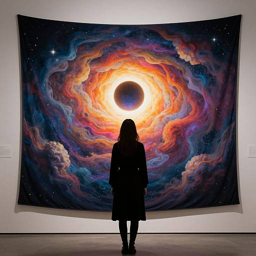 Silhouetted woman stands before vibrant, swirling galaxy tapestry with bright sun-like center and colorful cosmic clouds on white wall.