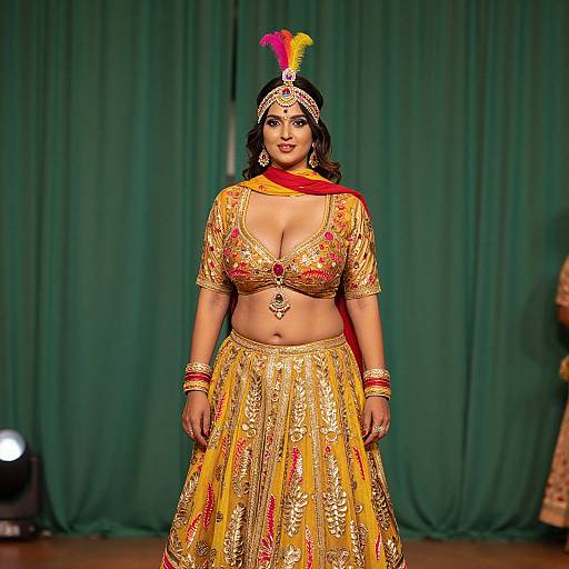 Photograph of a curvy South Asian woman in a yellow, gold-embroidered traditional outfit with a red scarf, feather headpiece, and