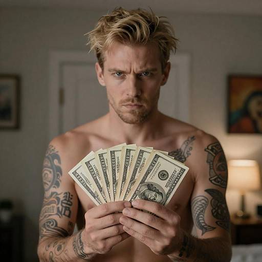 Intense Shirtless Man with Money