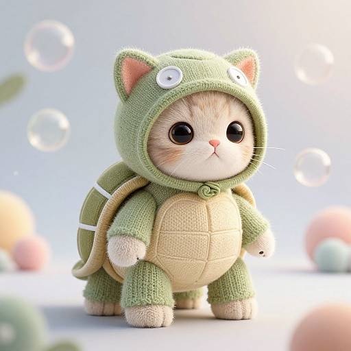 Photorealistic CGI of an adorable, chubby, light-colored kitten wearing a green turtle onesie with a hood, standing amidst soft pastel bubbles and