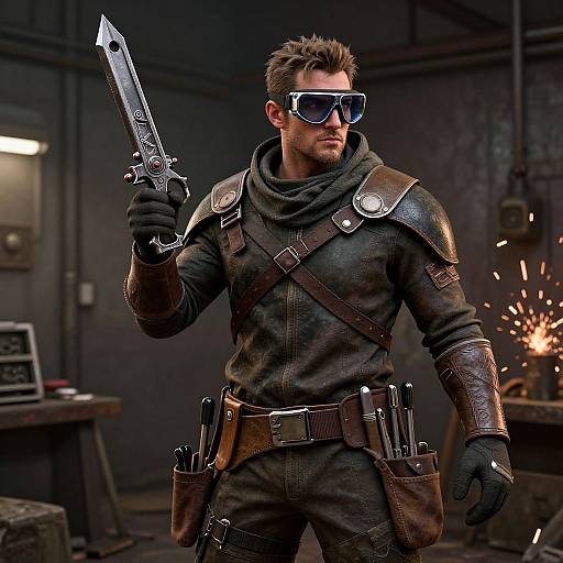 Photorealistic CGI of a muscular, bearded man in dark leather armor, holding a ornate sword, wearing blue sunglasses, in a dimly