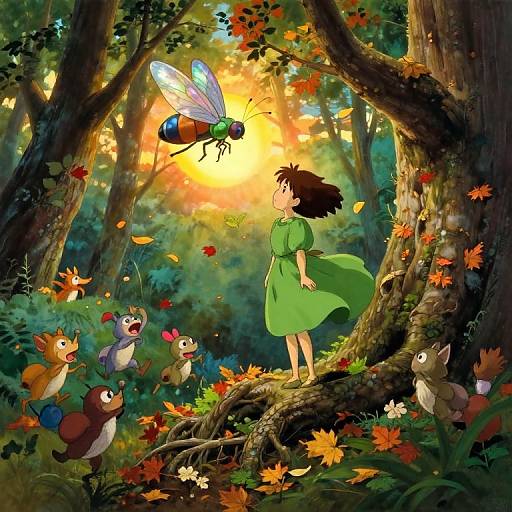 Anime-style forest scene: Girl in green dress stands on tree branch, watching colorful insect and animal friends amidst vibrant autumn foliage.