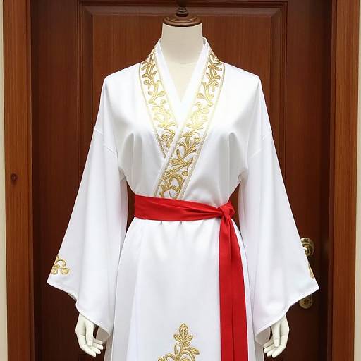 Photograph of a white, long-sleeved, ornate robe with gold embroidery, a red sash tied around the waist, displayed on a