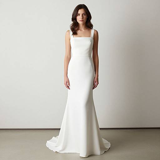 Photograph of a woman with long dark hair in a sleeveless, form-fitting white wedding dress, standing against a plain white background.