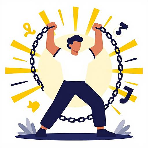 Illustration of a man with raised arms breaking chains, wearing a white shirt and black pants, surrounded by yellow rays and musical notes.