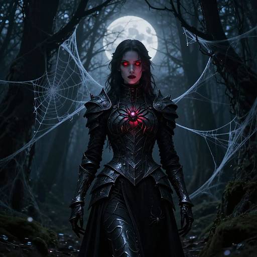Digital art: Dark-haired, red-eyed woman in black, armored dress with glowing red gem, spiderwebs, full moon, eerie forest background.