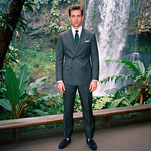 Photograph of a handsome man in a dark gray, double-breasted suit, white shirt, and green tie, standing in front of a lush,