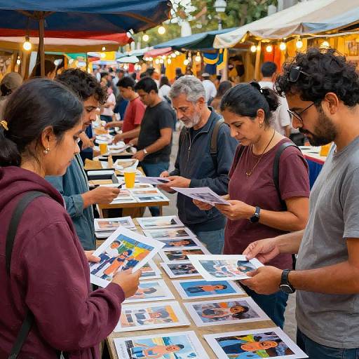 Photograph of diverse crowd at outdoor market, examining colorful photo displays; men and women, casual attire, under blue and white canopies.