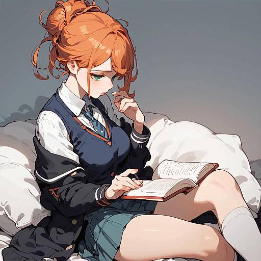 Cozy Orange-Haired Green-Eyed Study Session