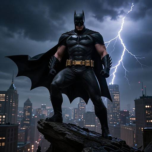 Photorealistic digital art: Muscular Batman stands on rooftop, dark cityscape, lightning bolt, bat ears, cape, armored suit, gloved