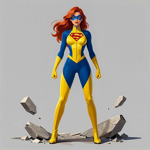 Confident Superhero Woman on Shattered Concrete
