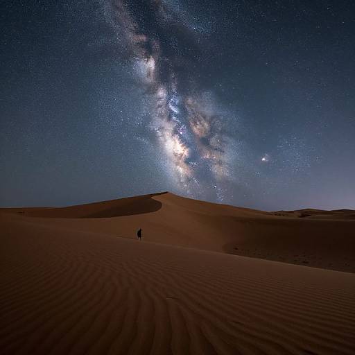 Photograph of a person standing in a vast, starry desert under the Milky Way galaxy, with rippled sand dunes in the foreground.
