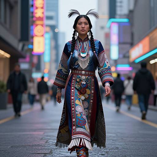 Futuristic Native American Woman in Neon City