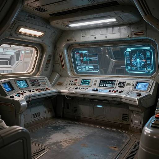 Photograph of a futuristic spaceship cockpit with illuminated control panels, blue holographic displays, metallic textures, and worn floor.
