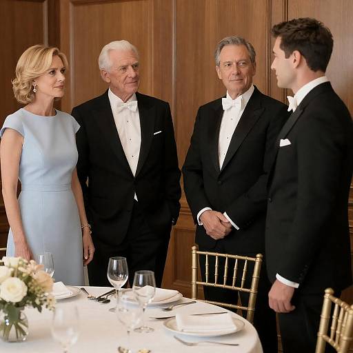 Four People in Formal Attire at Dinner Table