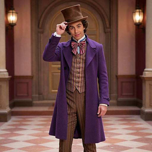 Photograph of a young man in Victorian attire: purple coat, brown top hat, striped suit, red bow tie, standing in a grand hall with