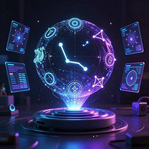 Digital art of a glowing, neon clock globe with astrological symbols, floating screens displaying data, and a dark, futuristic background.