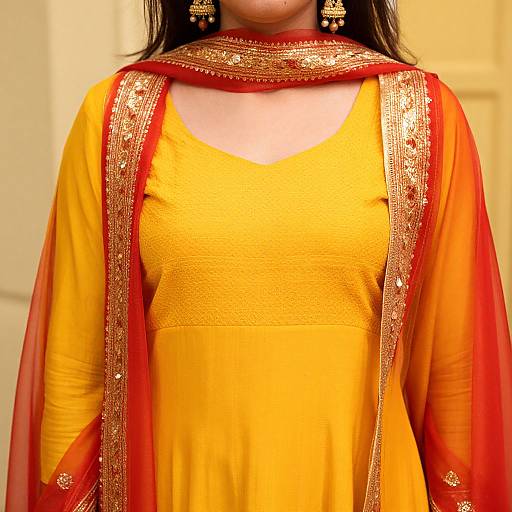 Photograph of a woman in a vibrant yellow traditional Indian outfit with red and gold embroidered dupatta, adorned with gold earrings, showcasing her chest and upper