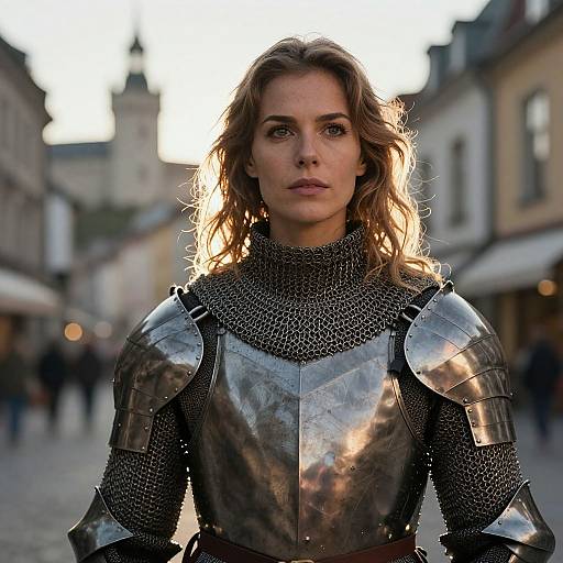 Photograph of a determined young woman with wavy brown hair, wearing shiny medieval silver armor, standing in a sunlit, blurred medieval street.
