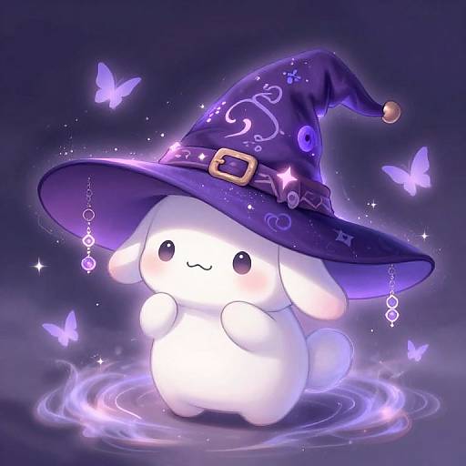 Cute white ghost wearing a purple starry wizard hat, surrounded by glowing purple butterflies and magical rings, against a dark purple background. Digital artwork.