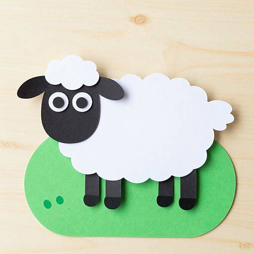 Colorful paper craft of a black and white sheep with large round eyes, standing on a green grass cutout.