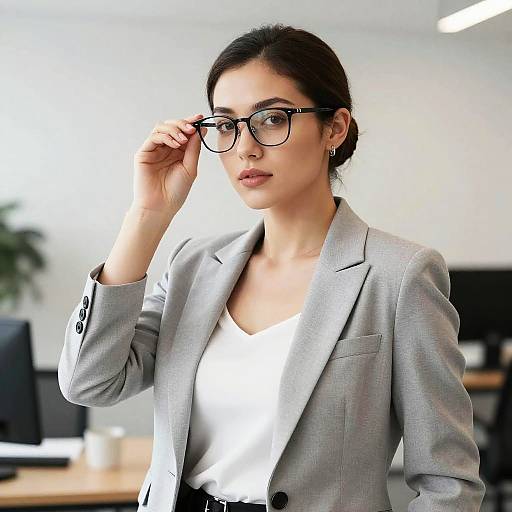 Photograph of a serious-looking woman with dark hair in a bun, wearing black-rimmed glasses, a light gray blazer, and white top