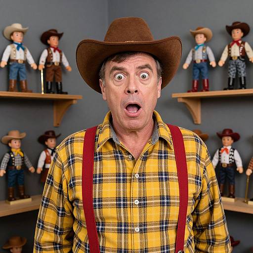 Photograph of a surprised middle-aged man in a yellow plaid shirt, brown hat, and red suspenders, surrounded by cowboy doll displays.