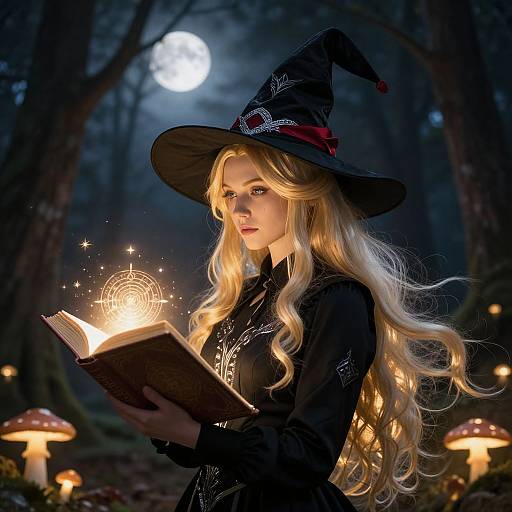 Photorealistic digital artwork of a blonde witch with long hair, black hat, and dress, reading a glowing book in a moonlit forest with glowing