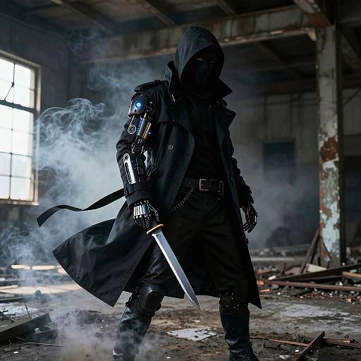Mysterious cyber-warrior in dark hooded cloak, glowing cybernetic arm, and sword, stands in smoky, dilapidated, industrial