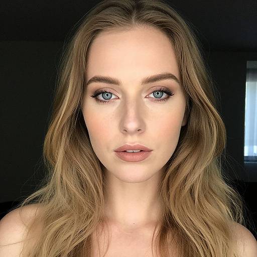 Photograph of a fair-skinned, blue-eyed woman with long, wavy blonde hair, and subtle makeup against a dark background. Neutral expression,