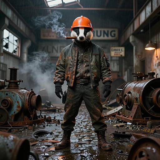 Photograph of a masked worker in an orange hard hat, black jacket, and gloves, standing in a rainy, industrial factory with rusted machinery and