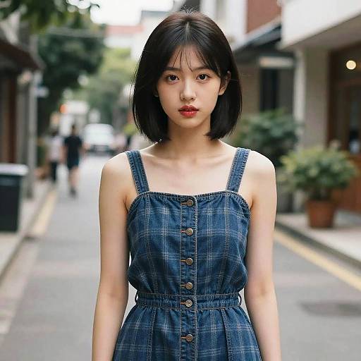 Photograph of an Asian woman with short black hair, wearing a blue plaid sundress with buttons, standing on a blurred urban street.