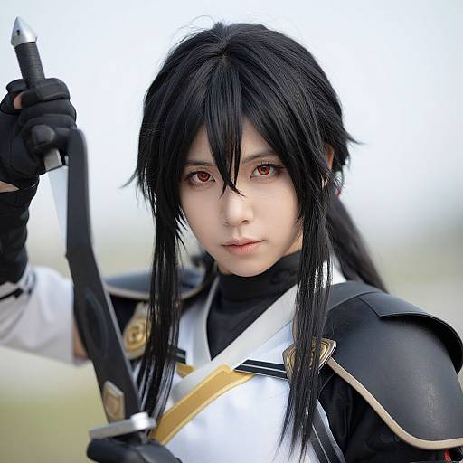 Photorealistic digital art of an anime-style warrior with black hair, red eyes, holding a sword, wearing black and white armor.
