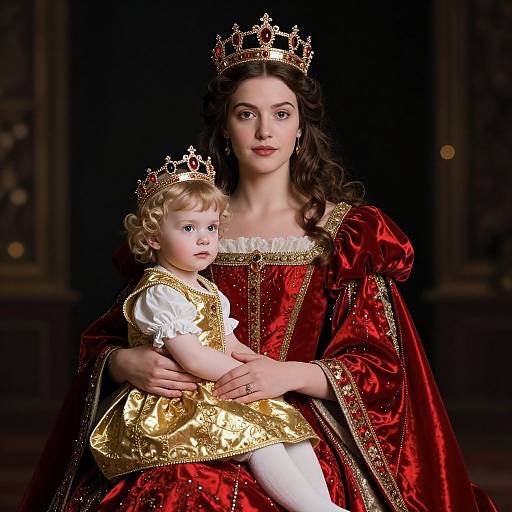 Photograph-style digital image of a fair-skinned, dark-haired queen in a red velvet gown, holding a blonde, blue-eyed prince in a gold
