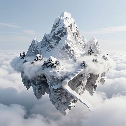 Digital artwork of a floating, snow-capped mountain with jagged peaks, surrounded by clouds, featuring a winding staircase and small pine trees.
