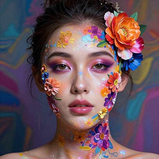 Photograph of an Asian woman with vibrant floral face paint, colorful flower headpiece, and purple-pink abstract background, looking directly at the camera.