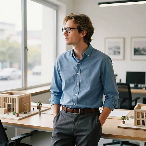 Photograph of a young man with wavy brown hair, wearing glasses, a blue button-up shirt, and gray pants, standing in a bright,