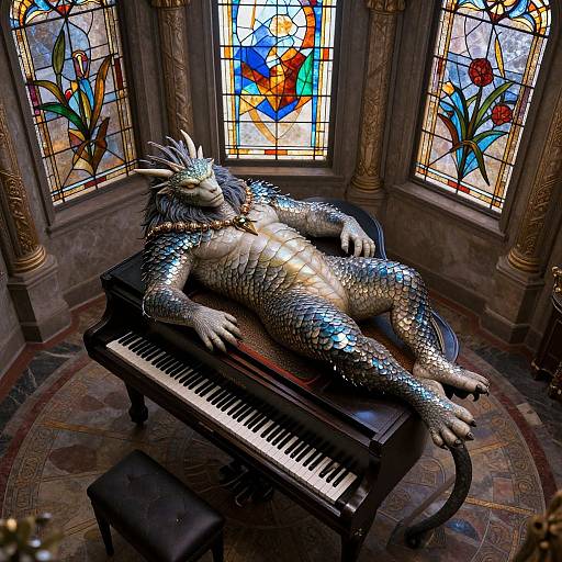 Photorealistic CGI: A silver-scaled, dragon-like creature with horns lounges on a grand piano in a sunlit, stained-glass window