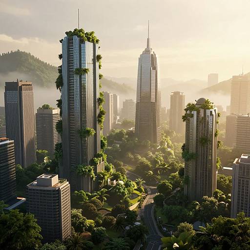 Photorealistic CGI cityscape at sunset, featuring tall, modern skyscrapers with greenery growing on them, surrounded by misty hills and lush