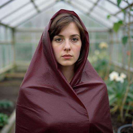 Photograph of a fair-skinned woman with brown hair, wrapped in a maroon shawl, standing in a blurred greenhouse with plants.