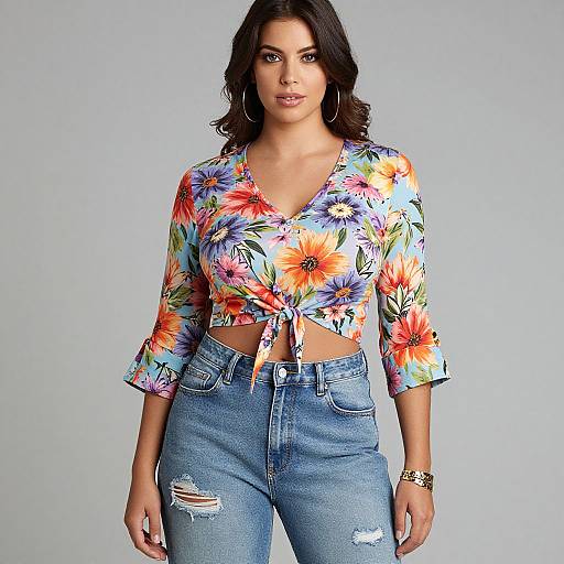 Photograph of a woman with medium skin tone, dark wavy hair, wearing a colorful floral tie-front top and high-waisted distressed jeans,