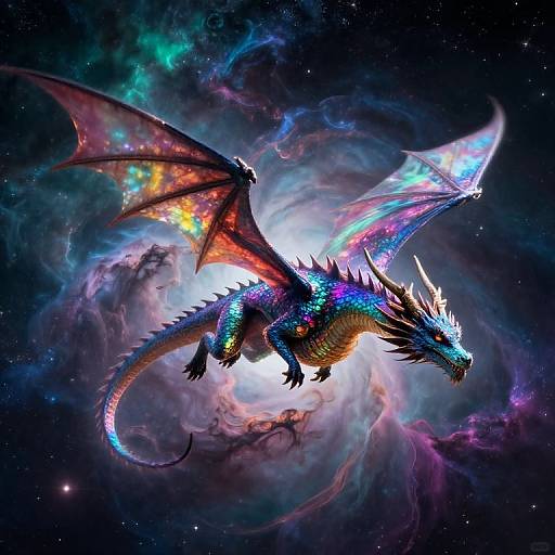 Digital artwork of a vibrant, bioluminescent dragon with neon blue and purple scales, glowing wings, and sharp spikes, soaring through a cosmic neb