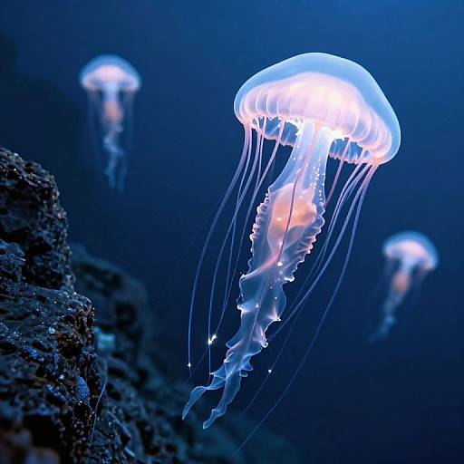Photograph of glowing blue and white jellyfish with translucent, flowing tentacles, floating in a dark, deep blue ocean background.