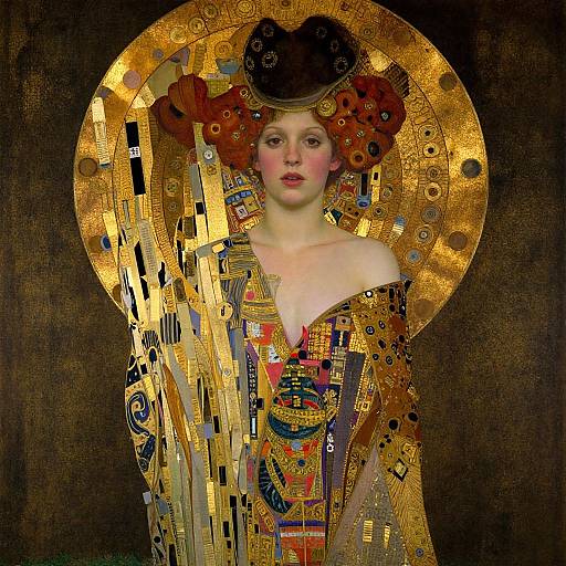 Gustav Klimt-style digital artwork of a pale-skinned woman with red hair, adorned in a gold, mosaic-patterned gown and halo