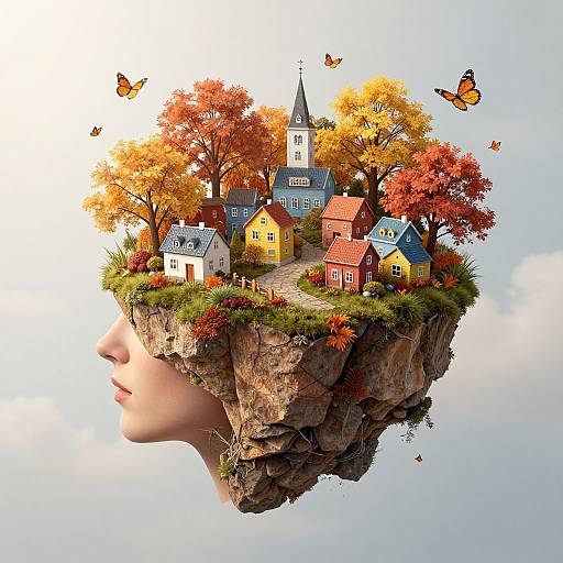 Digital artwork of a woman's profile with a floating, vibrant village of houses, church, autumn trees, and butterflies on a cliff.